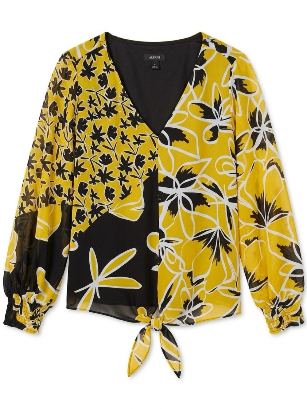 Alfani Yellow Black White Floral Tie-Front V-Neck Blouse